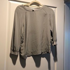 J.Crew, Gray silk with rib trim long sleeve top